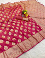 Devastating Dark Pink Pure Zari Weaving Banarasi Silk Saree With Most Fairytale Blouse Piece