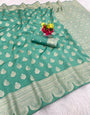 Denouement Sea Green Soft Silk Saree With Fancifull Blouse Piece