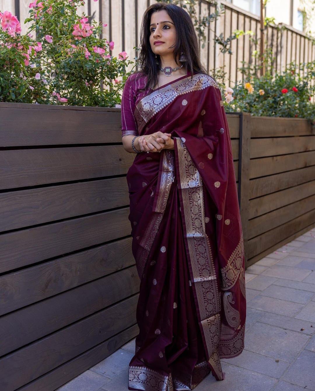 Bewitching Maroon Soft Banarasi Silk Saree With Unique Blouse Piece