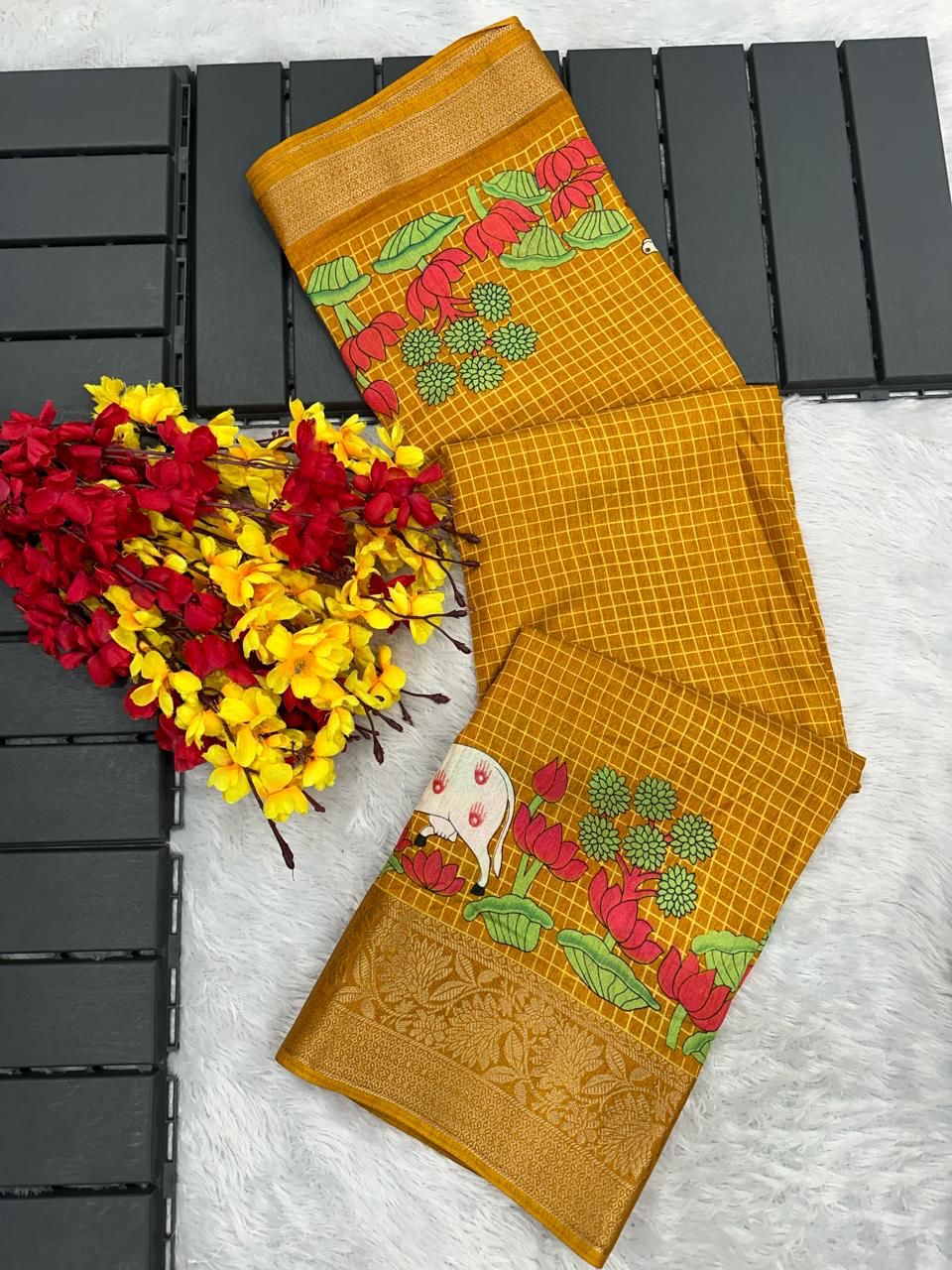 Corn Yellow Printed Dola Silk Saree