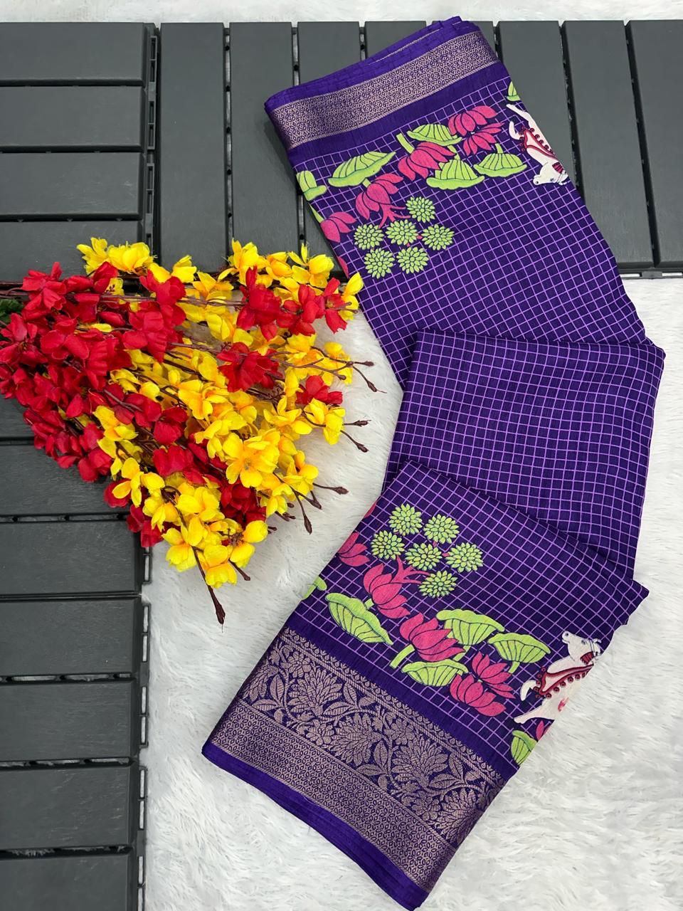 Jam Purple Printed Dola Silk Saree