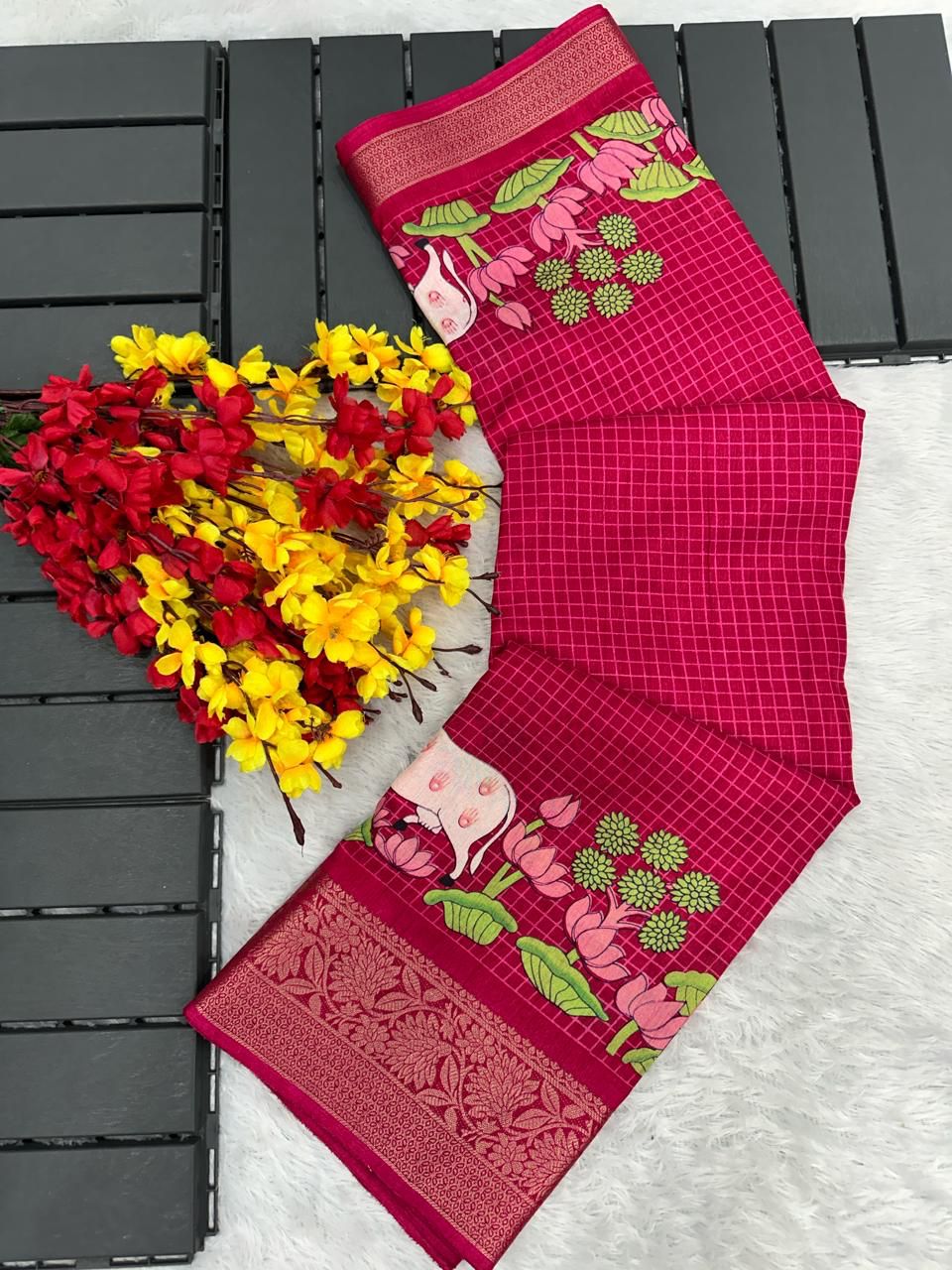 Dark Hot Pink Printed Dola Silk Saree