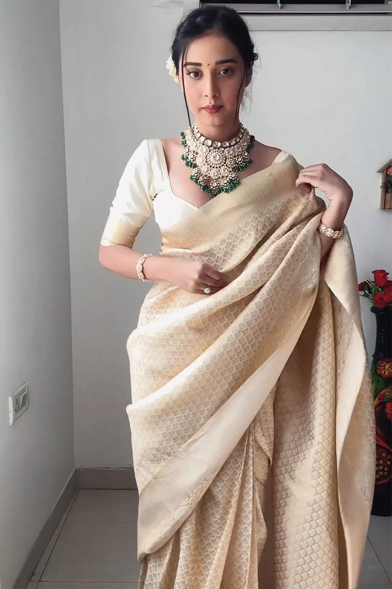 Eye-catching 1-Minute Ready To Wear Beige Kanjivaram Silk Saree