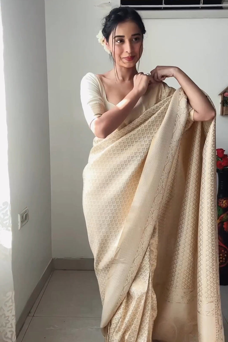 Eye-catching 1-Minute Ready To Wear Beige Kanjivaram Silk Saree