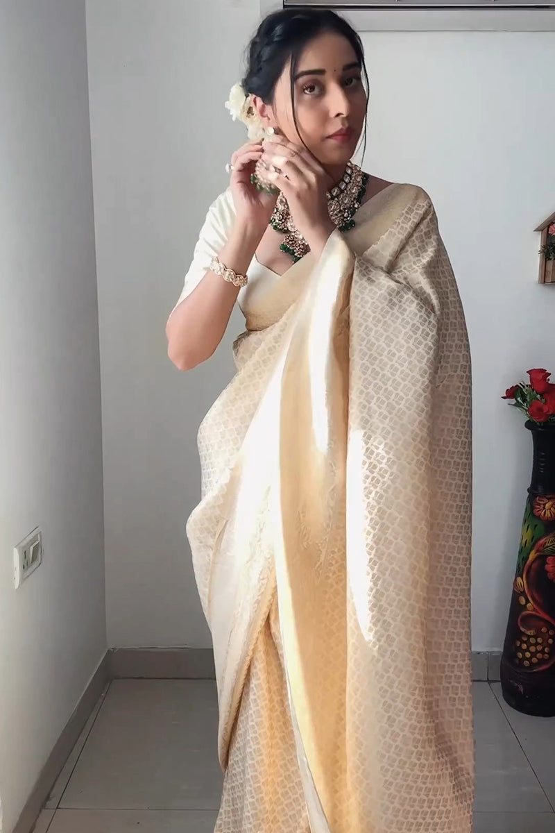 Eye-catching 1-Minute Ready To Wear Beige Kanjivaram Silk Saree