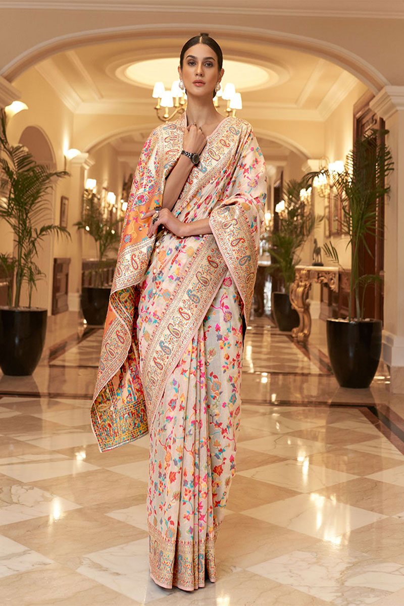 Skinny Beige Pashmina saree With Panoply Blouse Piece