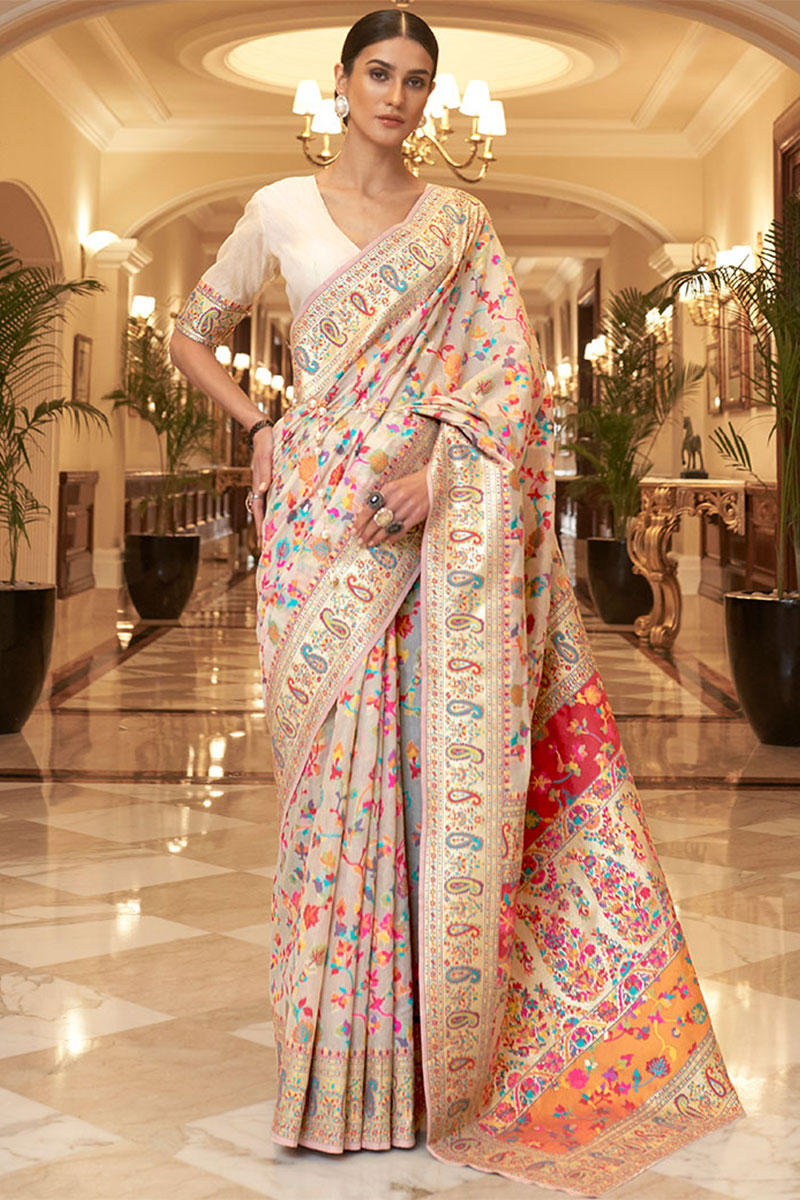 Skinny Beige Pashmina saree With Panoply Blouse Piece