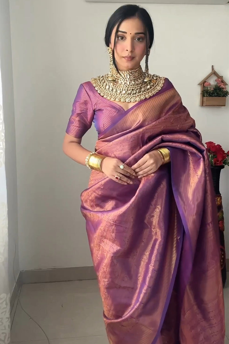 Glowing 1-Minute Ready To Wear Purple Kanjivaram Silk Saree