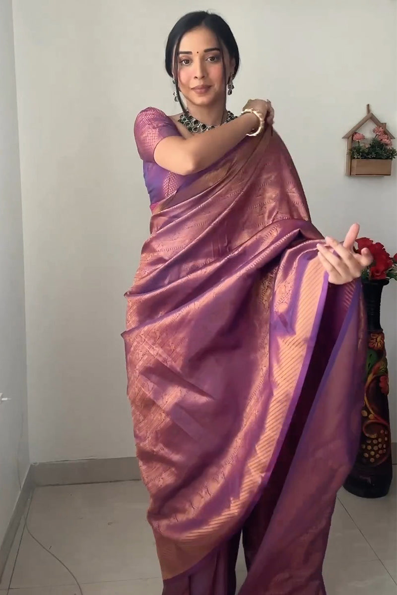 Glowing 1-Minute Ready To Wear Purple Kanjivaram Silk Saree