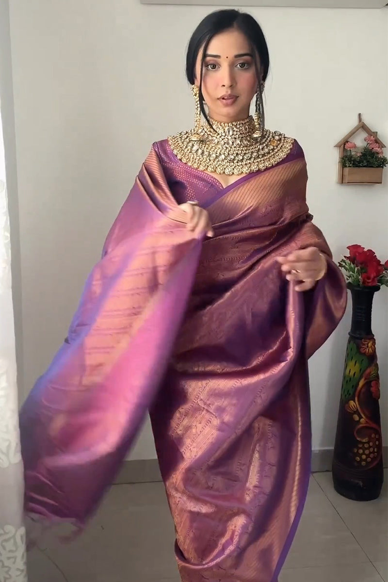 Glowing 1-Minute Ready To Wear Purple Kanjivaram Silk Saree