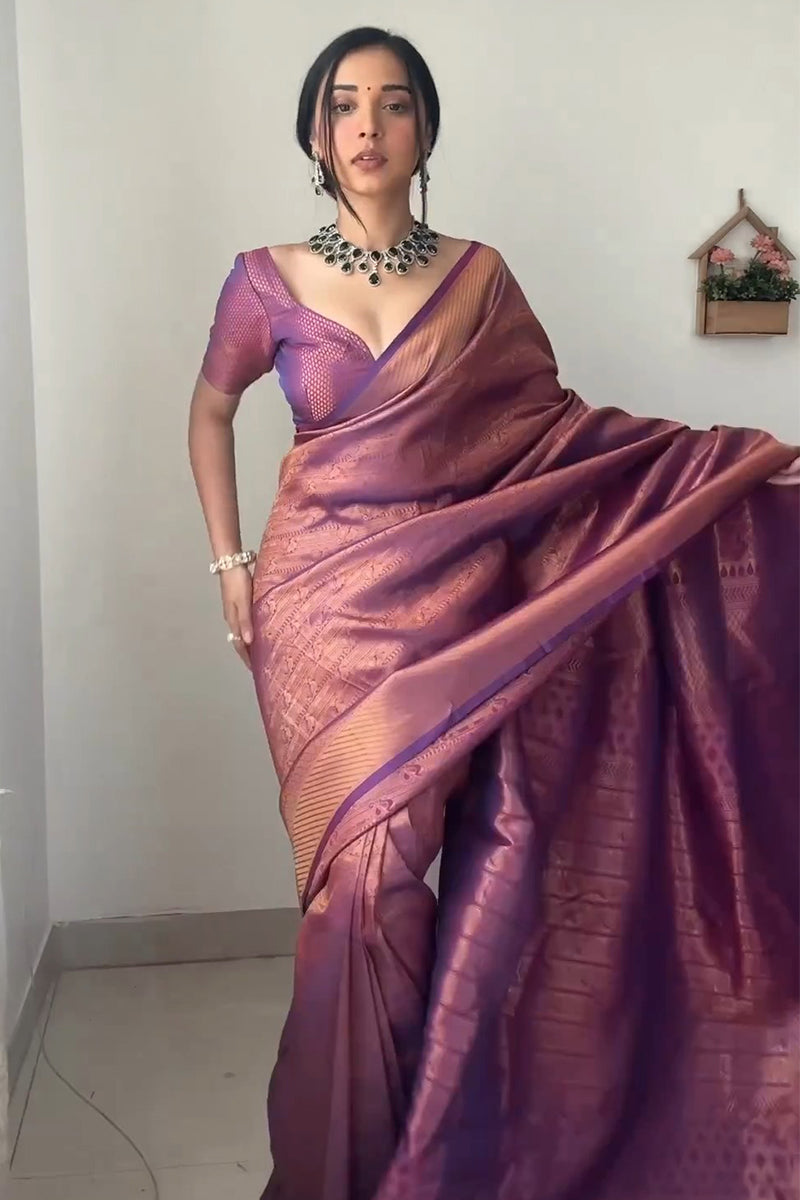 Glowing 1-Minute Ready To Wear Purple Kanjivaram Silk Saree