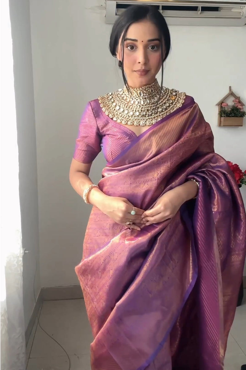 Glowing 1-Minute Ready To Wear Purple Kanjivaram Silk Saree