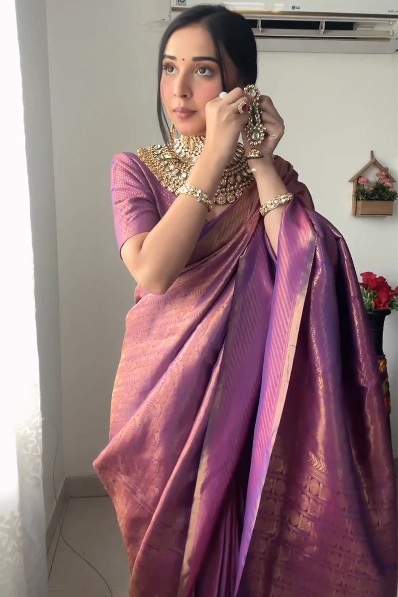 Glowing 1-Minute Ready To Wear Purple Kanjivaram Silk Saree