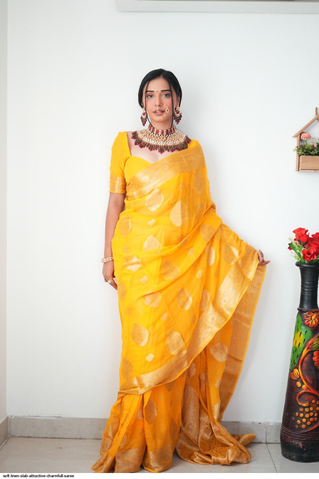 Adorning 1-Minute Ready To Wear Yellow Cotton Silk Saree