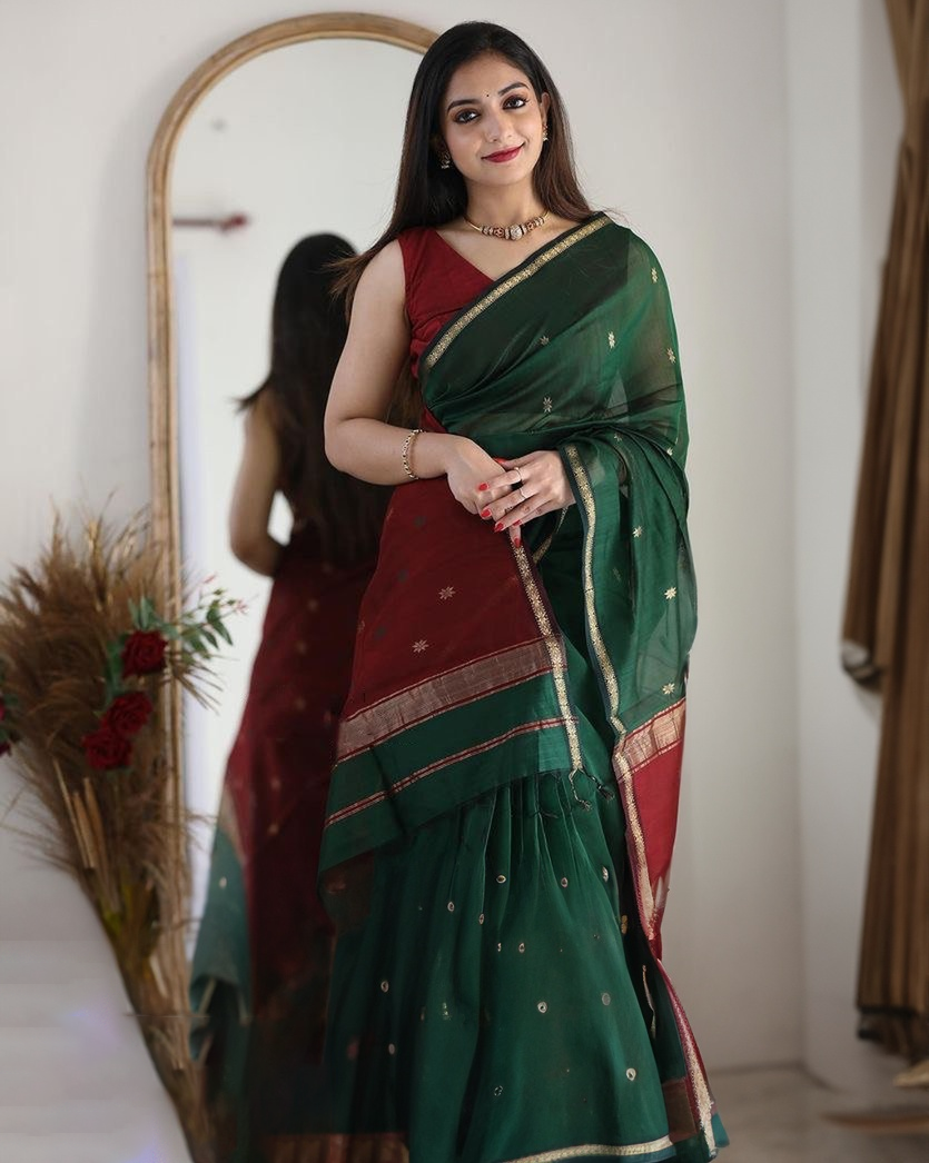 Timber Green Maheshawari Cotton Silk Saree