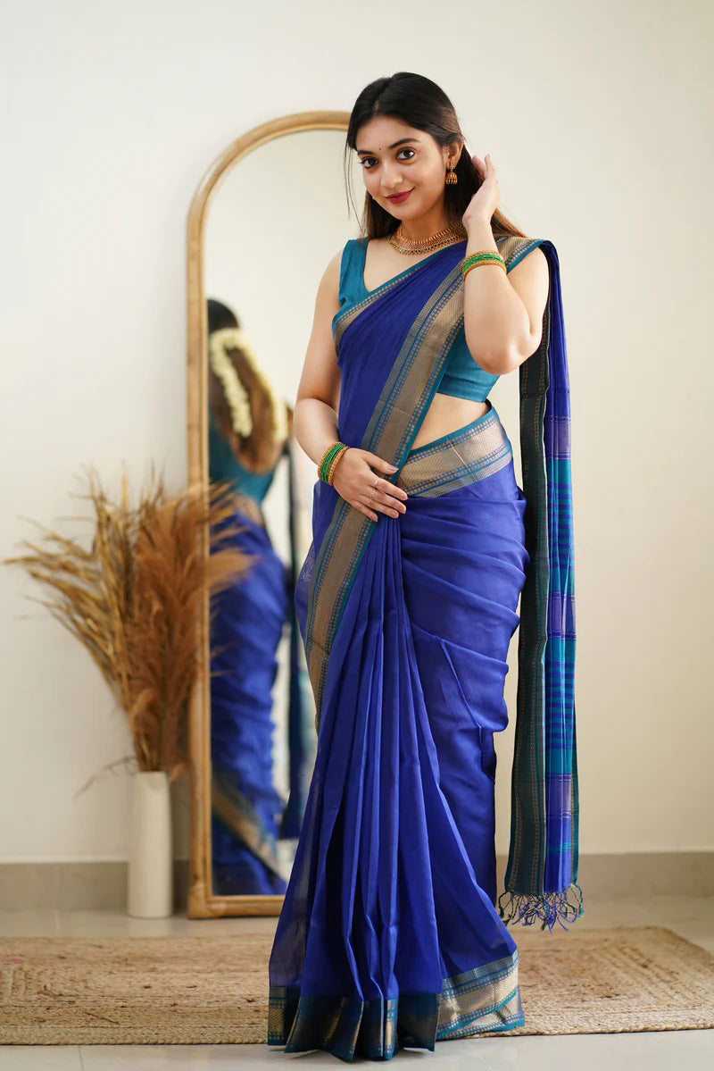 Gulf Blue Maheshawari Cotton Silk Saree