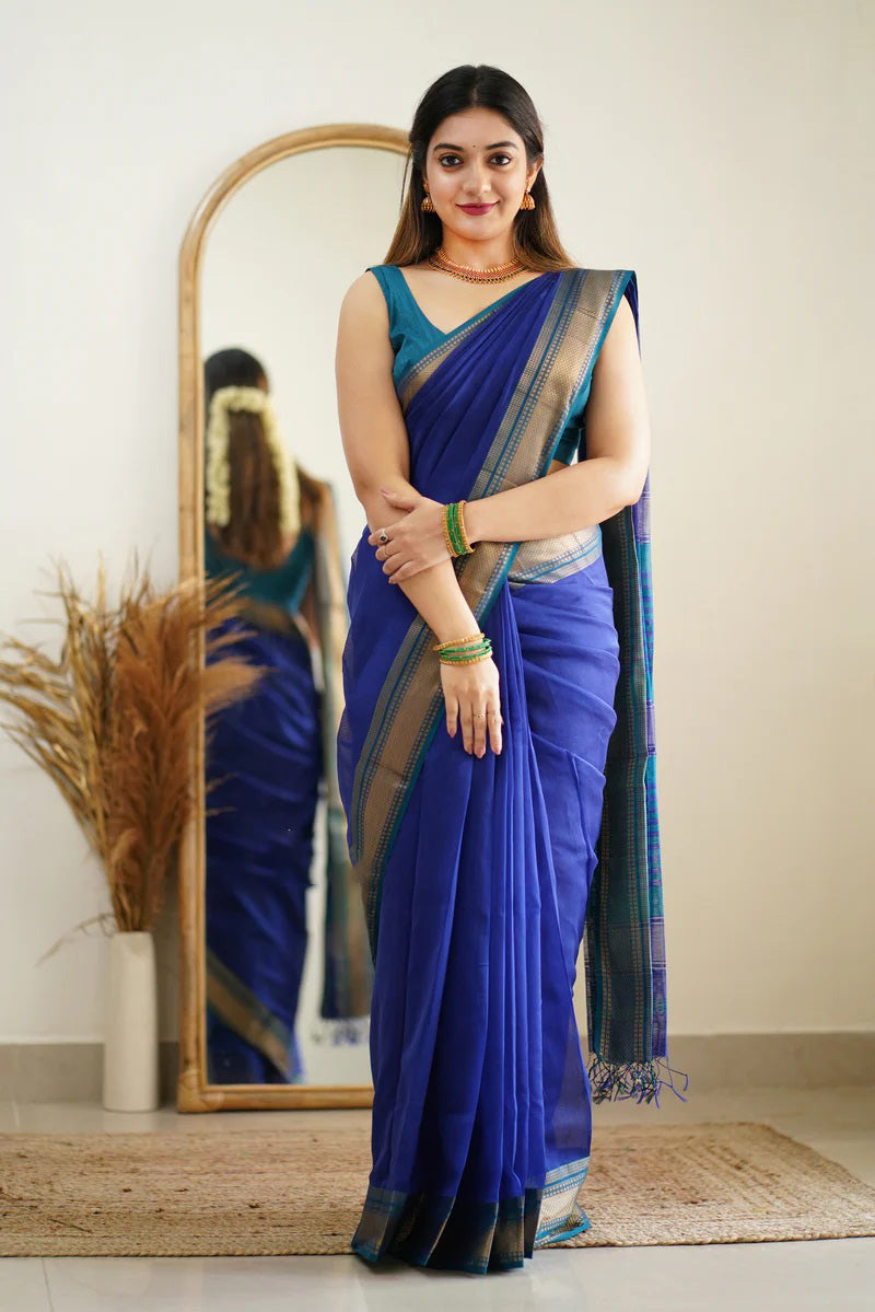 Gulf Blue Maheshawari Cotton Silk Saree