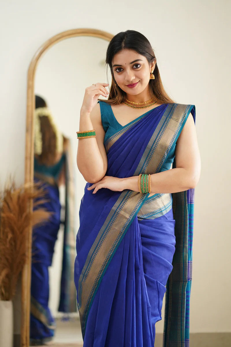 Gulf Blue Maheshawari Cotton Silk Saree