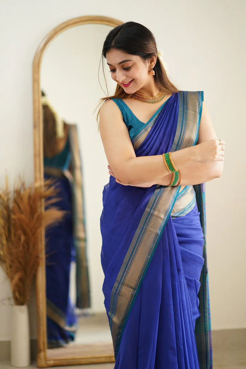 Gulf Blue Maheshawari Cotton Silk Saree