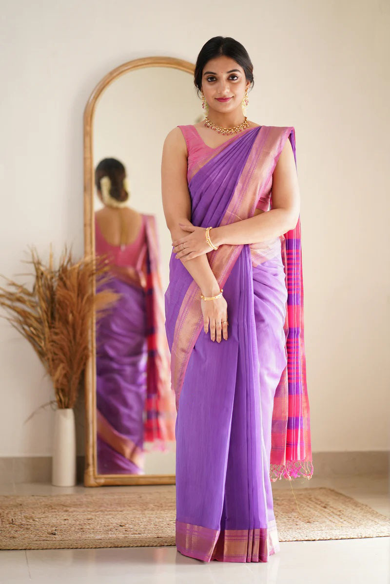 Deep Lavender Maheshawari Cotton Silk Saree