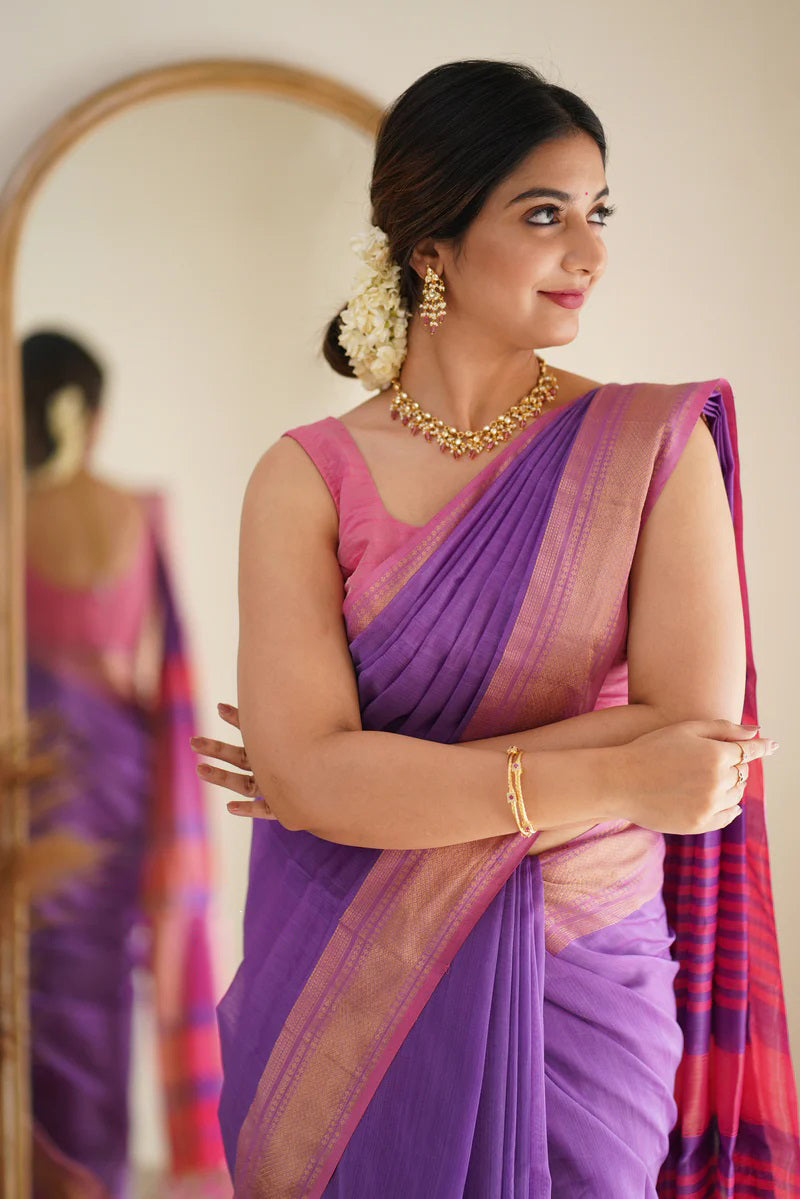 Deep Lavender Maheshawari Cotton Silk Saree