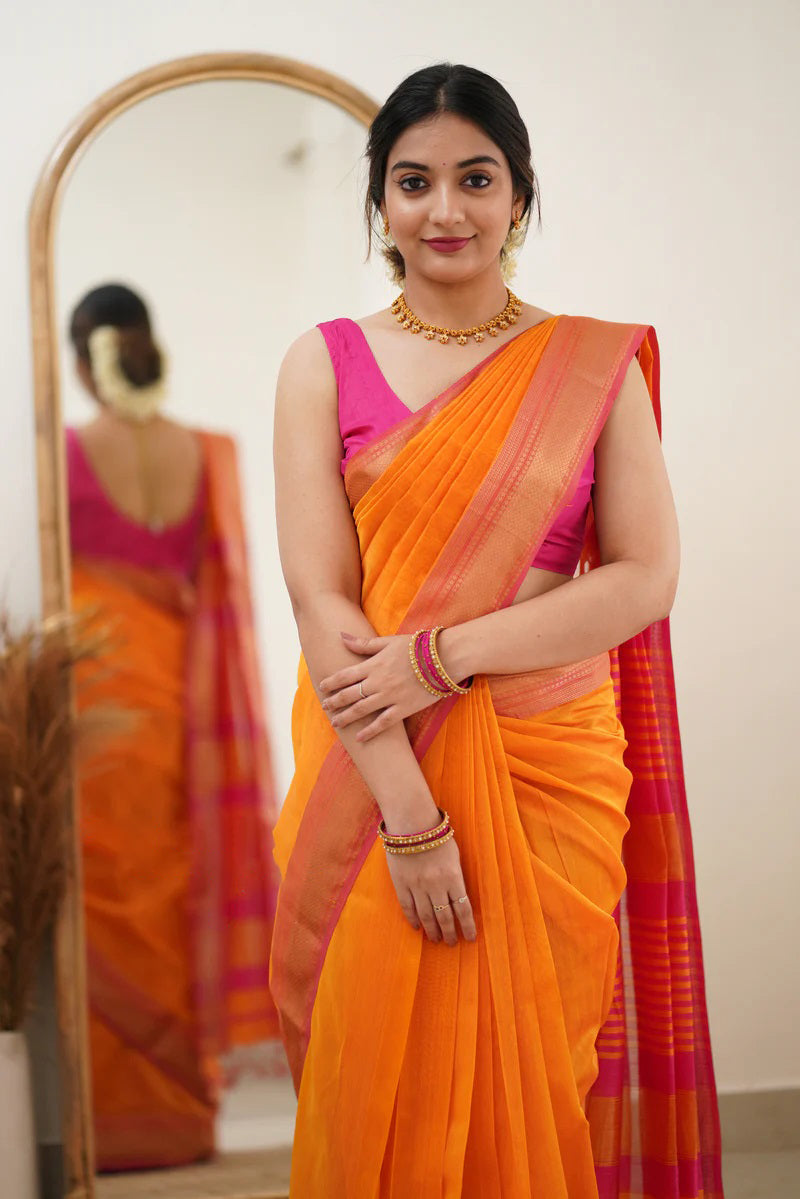 Fanta Orange Maheshawari Cotton Silk Saree