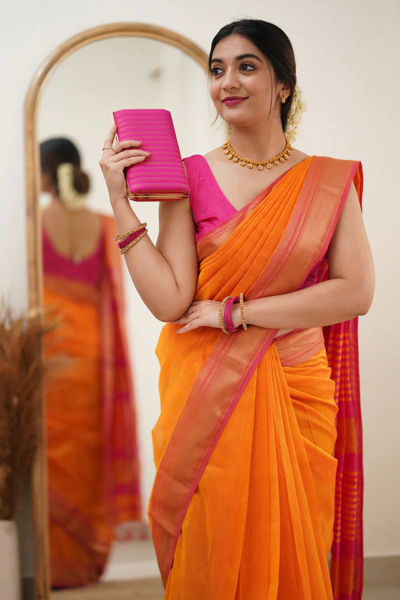 Fanta Orange Maheshawari Cotton Silk Saree