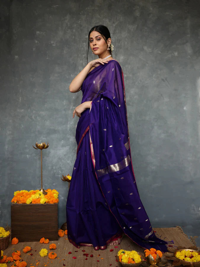 Zodiac Blue Maheshawari Cotton Silk Saree