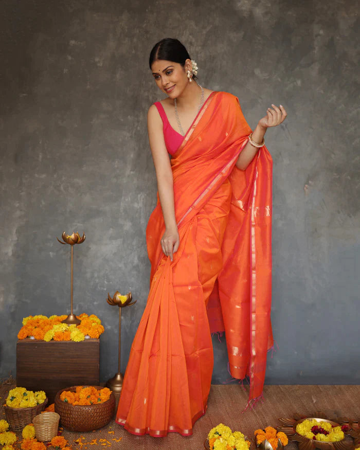 Sunset Orange Maheshawari Cotton Silk Saree