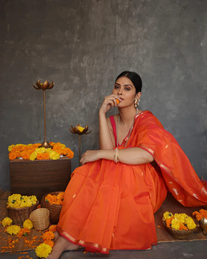 Sunset Orange Maheshawari Cotton Silk Saree