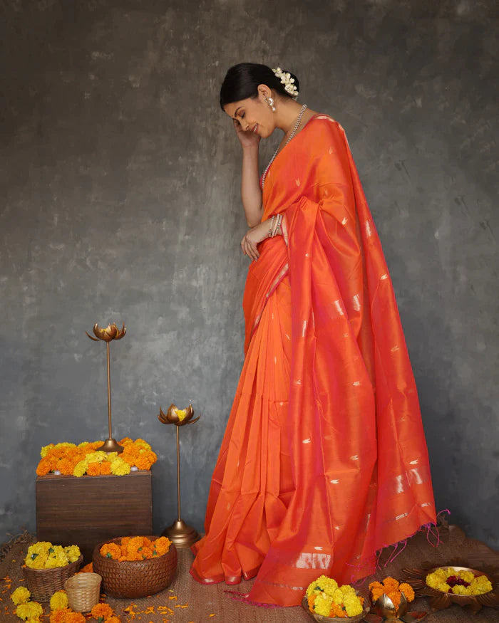 Sunset Orange Maheshawari Cotton Silk Saree