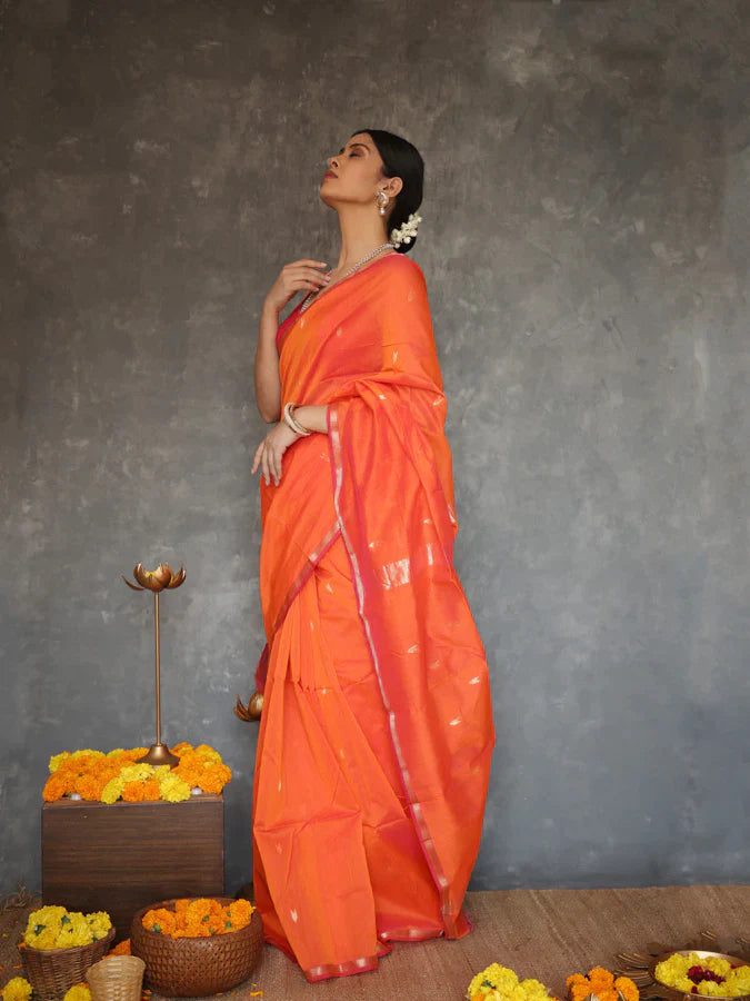 Sunset Orange Maheshawari Cotton Silk Saree