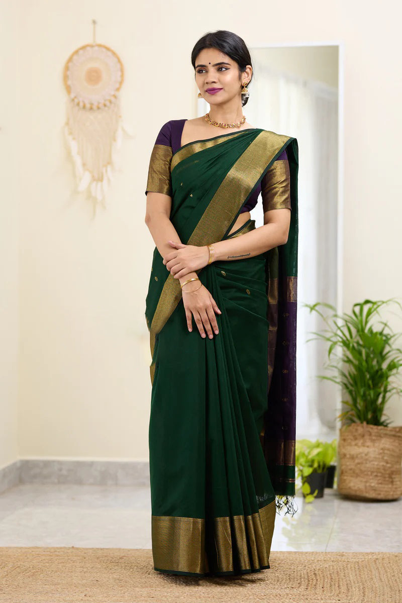 Midnight Green Maheshawari Cotton Silk Saree