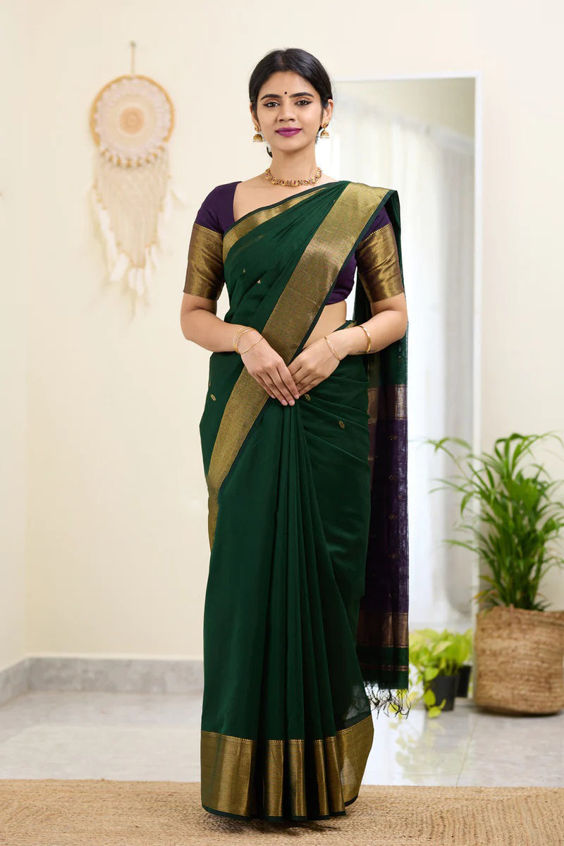 Midnight Green Maheshawari Cotton Silk Saree