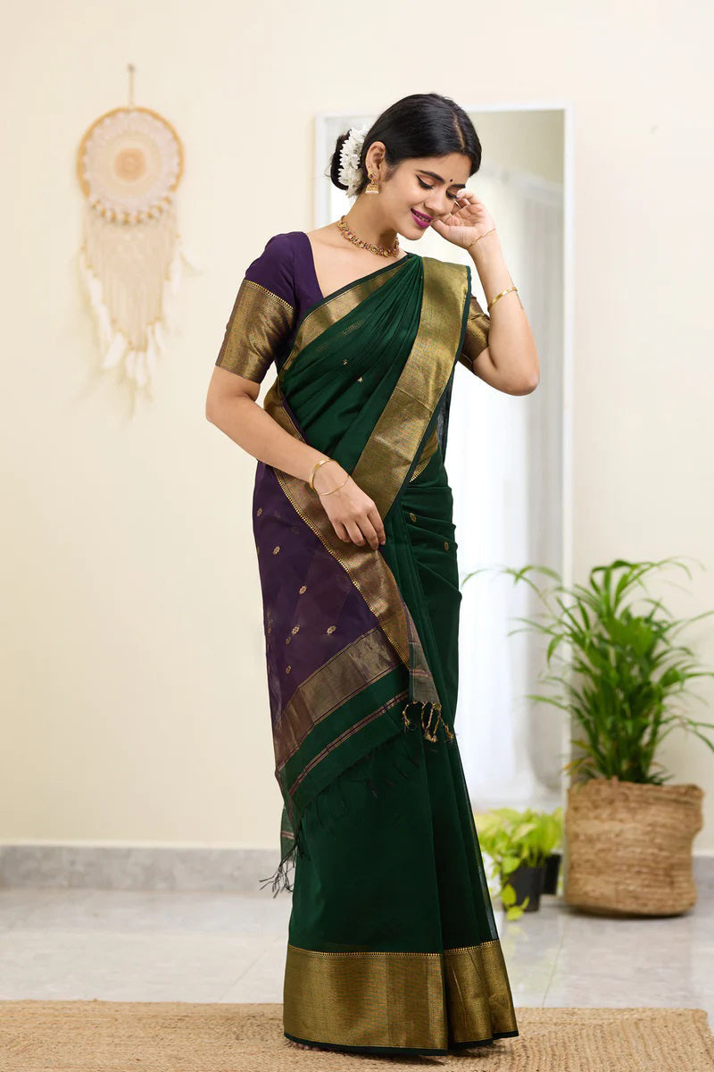 Midnight Green Maheshawari Cotton Silk Saree