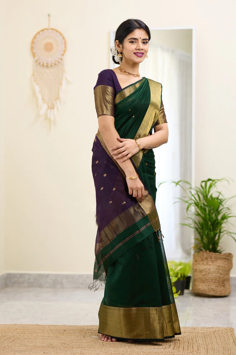 Midnight Green Maheshawari Cotton Silk Saree