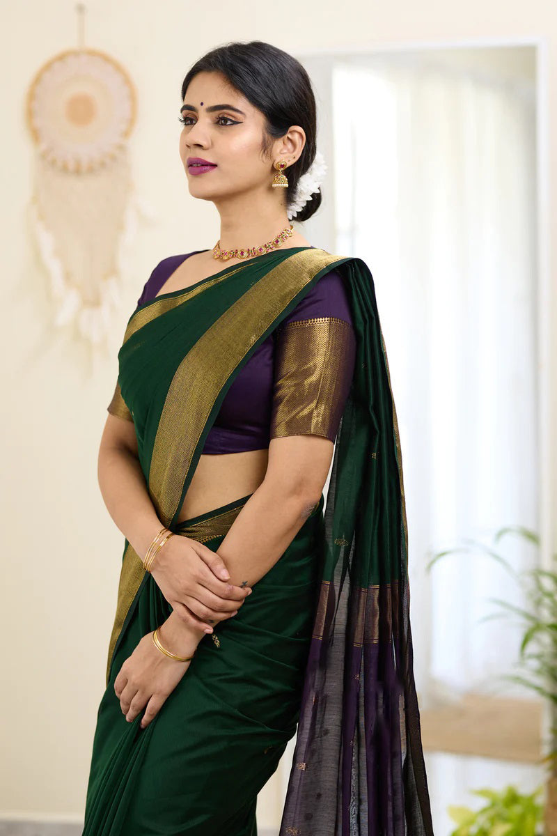 Midnight Green Maheshawari Cotton Silk Saree