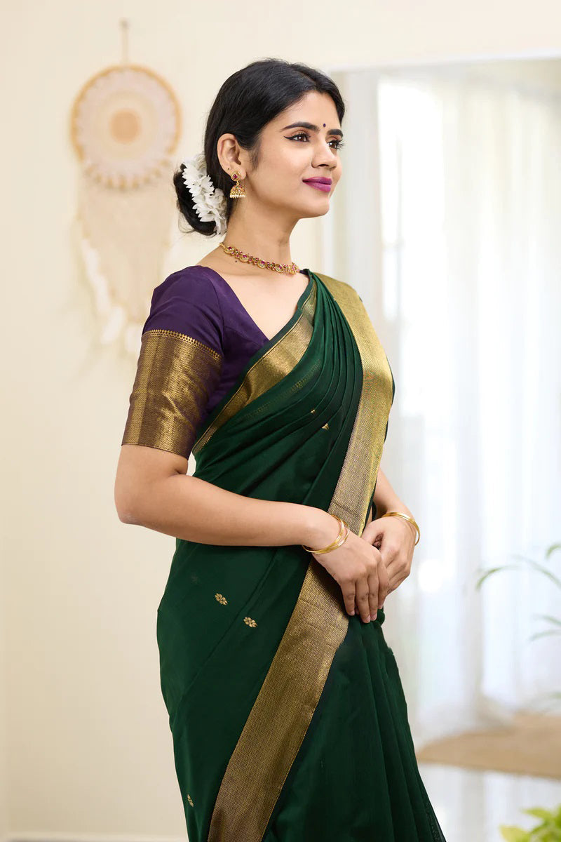 Midnight Green Maheshawari Cotton Silk Saree