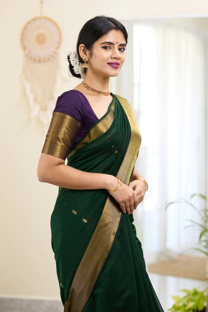 Midnight Green Maheshawari Cotton Silk Saree