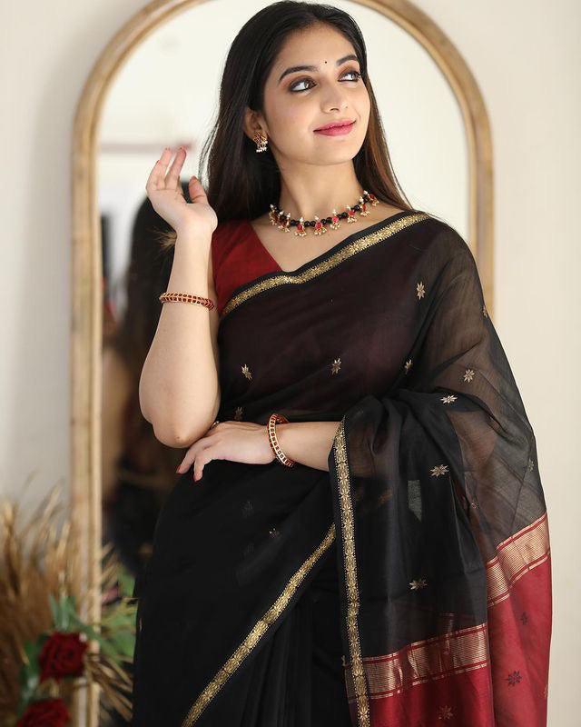 Smoky Black Maheshawari Cotton Silk Saree