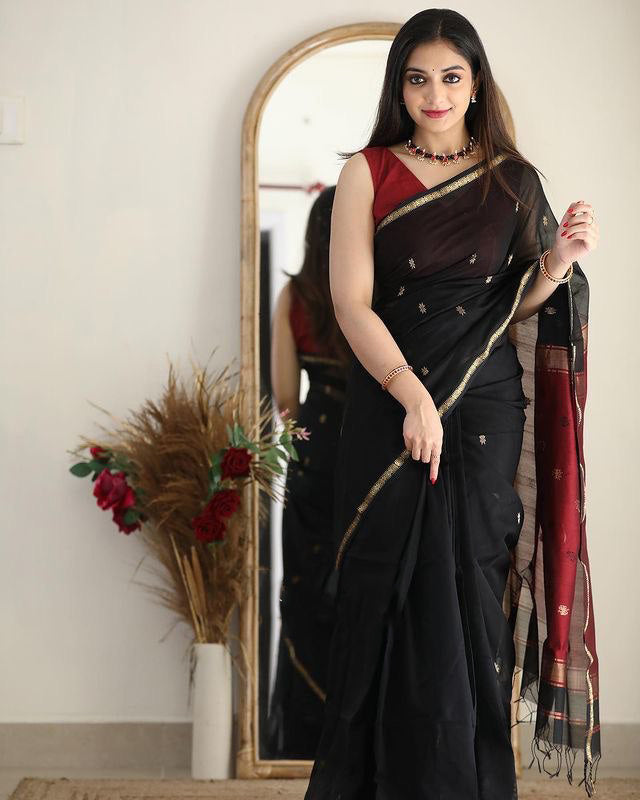 Smoky Black Maheshawari Cotton Silk Saree