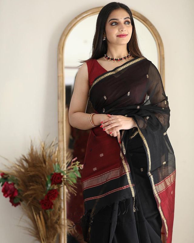 Smoky Black Maheshawari Cotton Silk Saree