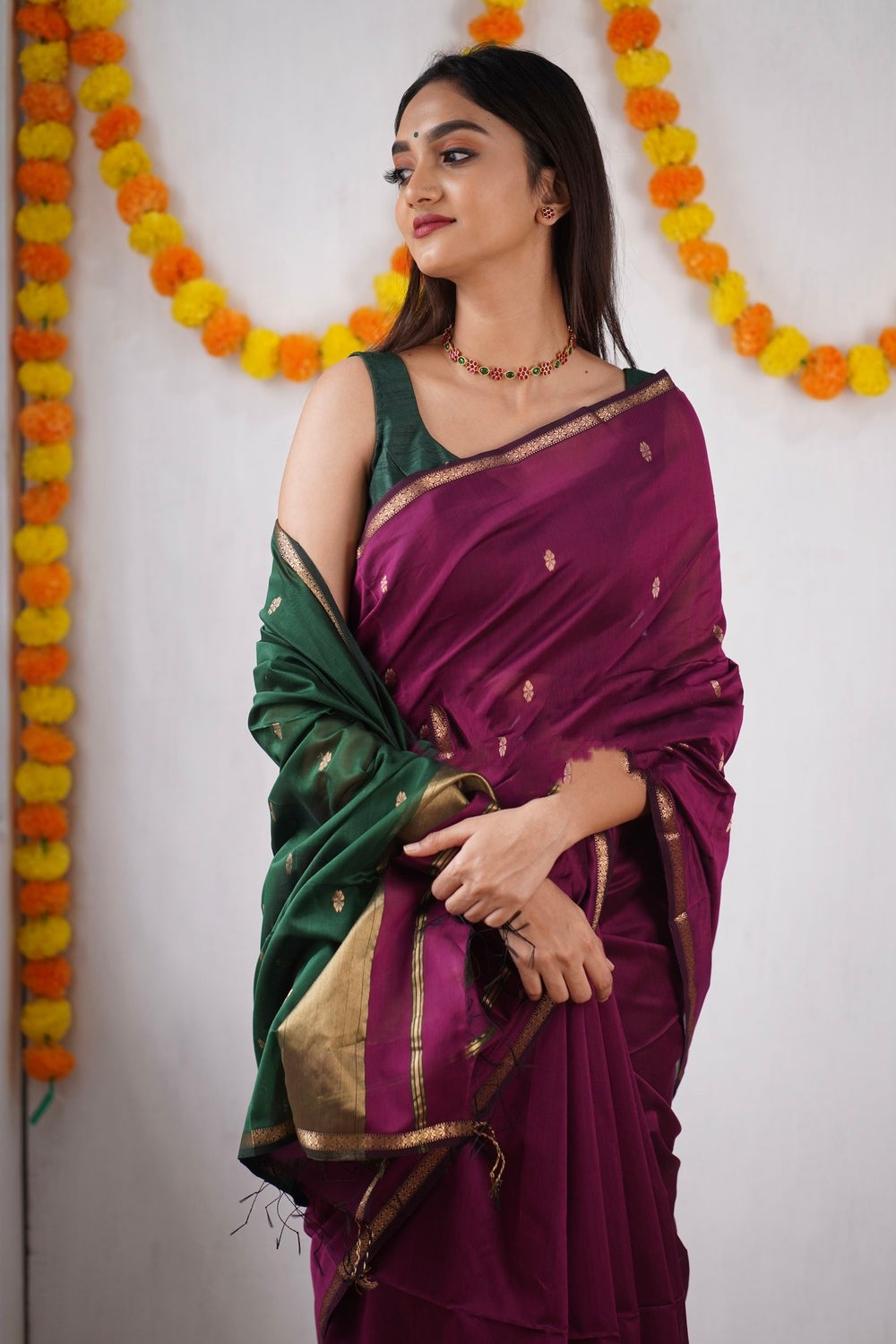 Grape Purple Maheshawari Cotton Silk Saree