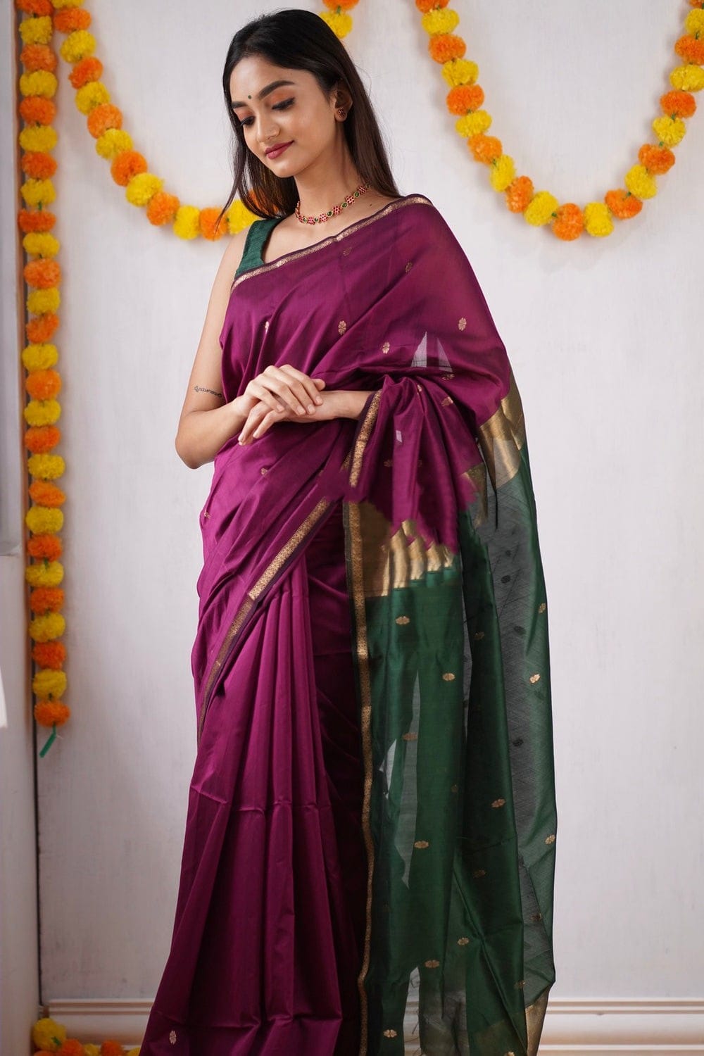 Grape Purple Maheshawari Cotton Silk Saree