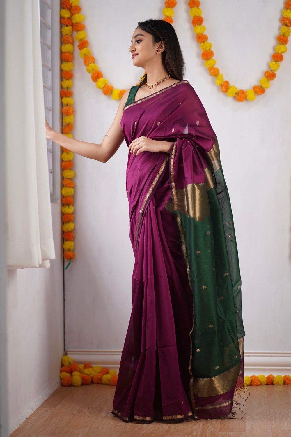 Grape Purple Maheshawari Cotton Silk Saree