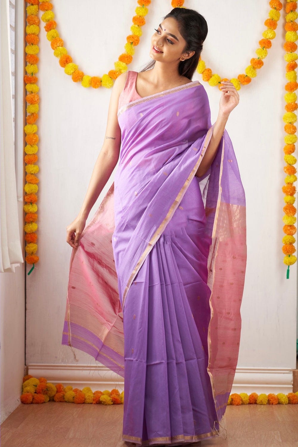 Twilight Lavender Maheshawari Cotton Silk Saree