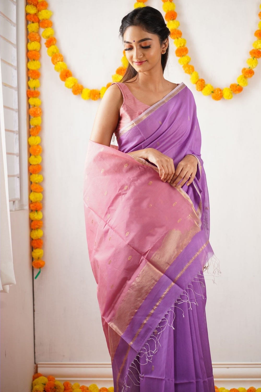 Twilight Lavender Maheshawari Cotton Silk Saree