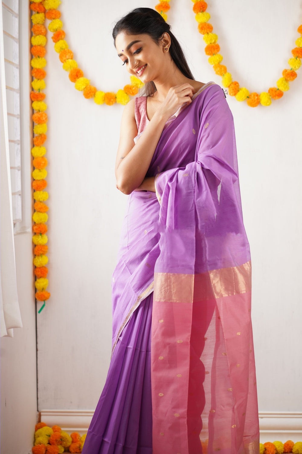 Twilight Lavender Maheshawari Cotton Silk Saree