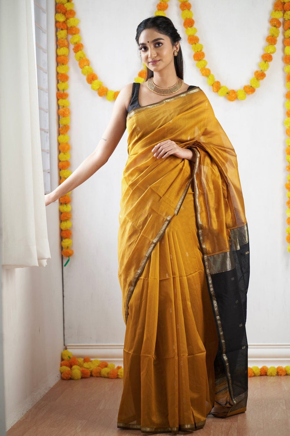 Pumpkin Mustard Maheshawari Cotton Silk Saree