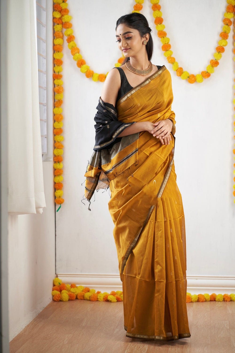 Pumpkin Mustard Maheshawari Cotton Silk Saree